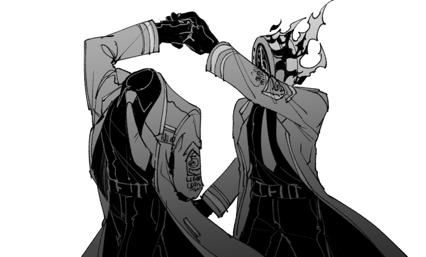 2others clock coat collared_shirt dancing dante_(limbus_company) dual_persona fire gloves greyscale headless highres limbus_company long_sleeves maskv monochrome multiple_others object_head project_moon shirt simple_background waltz_(dance) wing_collar