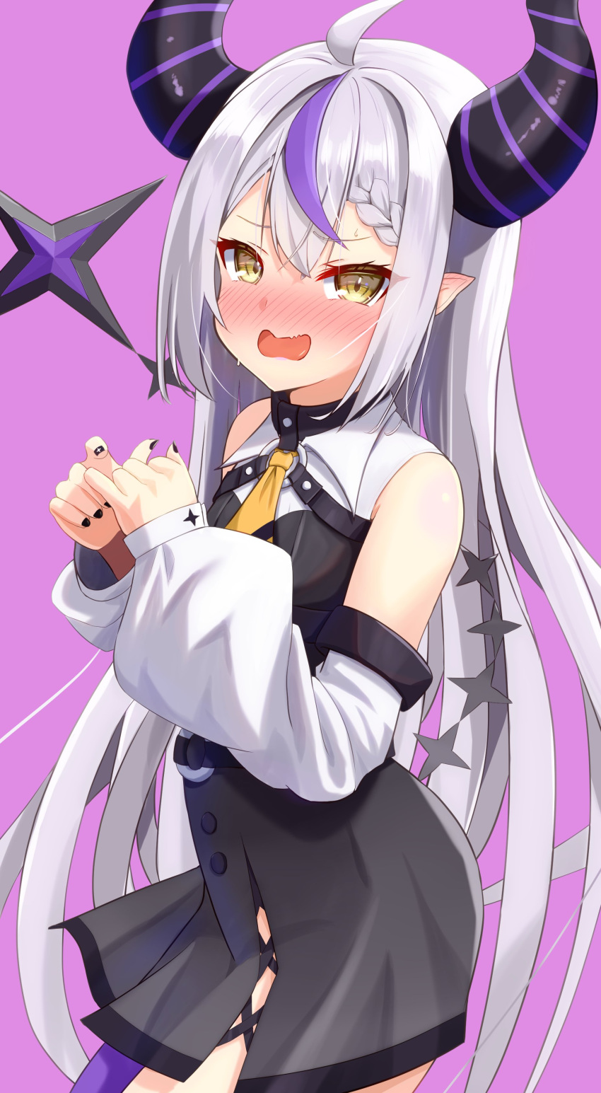 1girl absurdres ascot bare_shoulders black_horns black_nails blush braid braided_bangs detached_sleeves fugi_(nyanpasu_axela) grey_hair highres hololive horns la+_darknesss la+_darknesss_(1st_costume) long_hair long_sleeves looking_at_viewer multicolored_hair o-ring open_mouth pantyhose pointy_ears purple_background purple_hair purple_pantyhose single_leg_pantyhose solo streaked_hair striped_horns virtual_youtuber yellow_ascot yellow_eyes