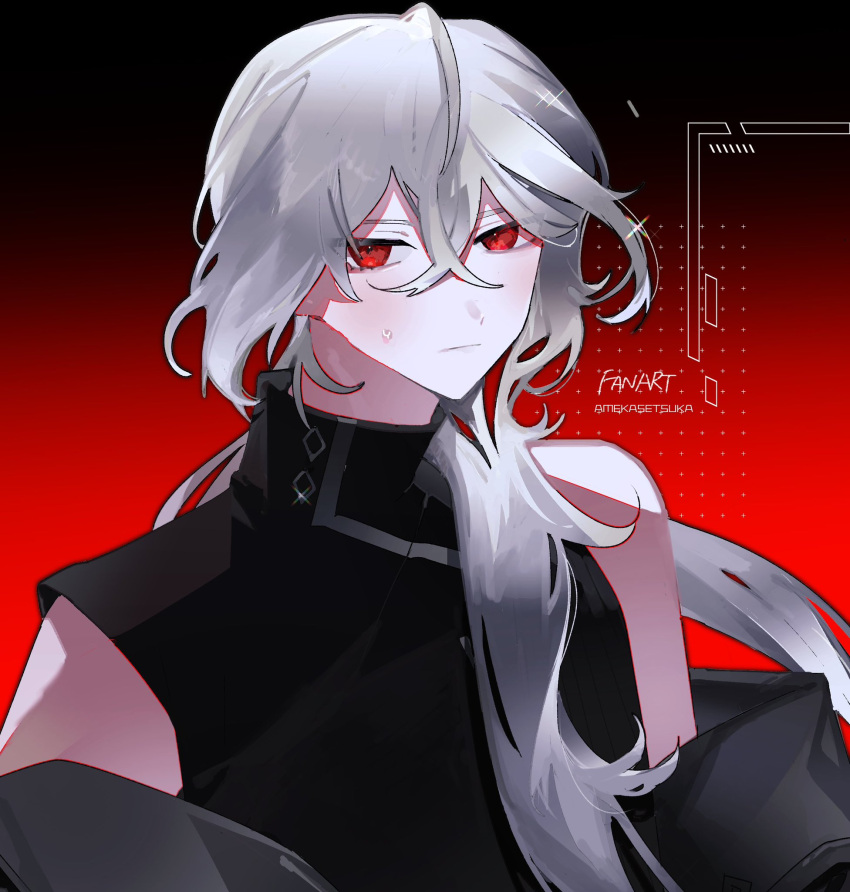 1boy a_date_with_death bare_shoulders bishounen casper_(a_date_with_death) gloves highres long_hair male_focus moonplls red_eyes simple_background sleeveless solo sweat upper_body white_hair
