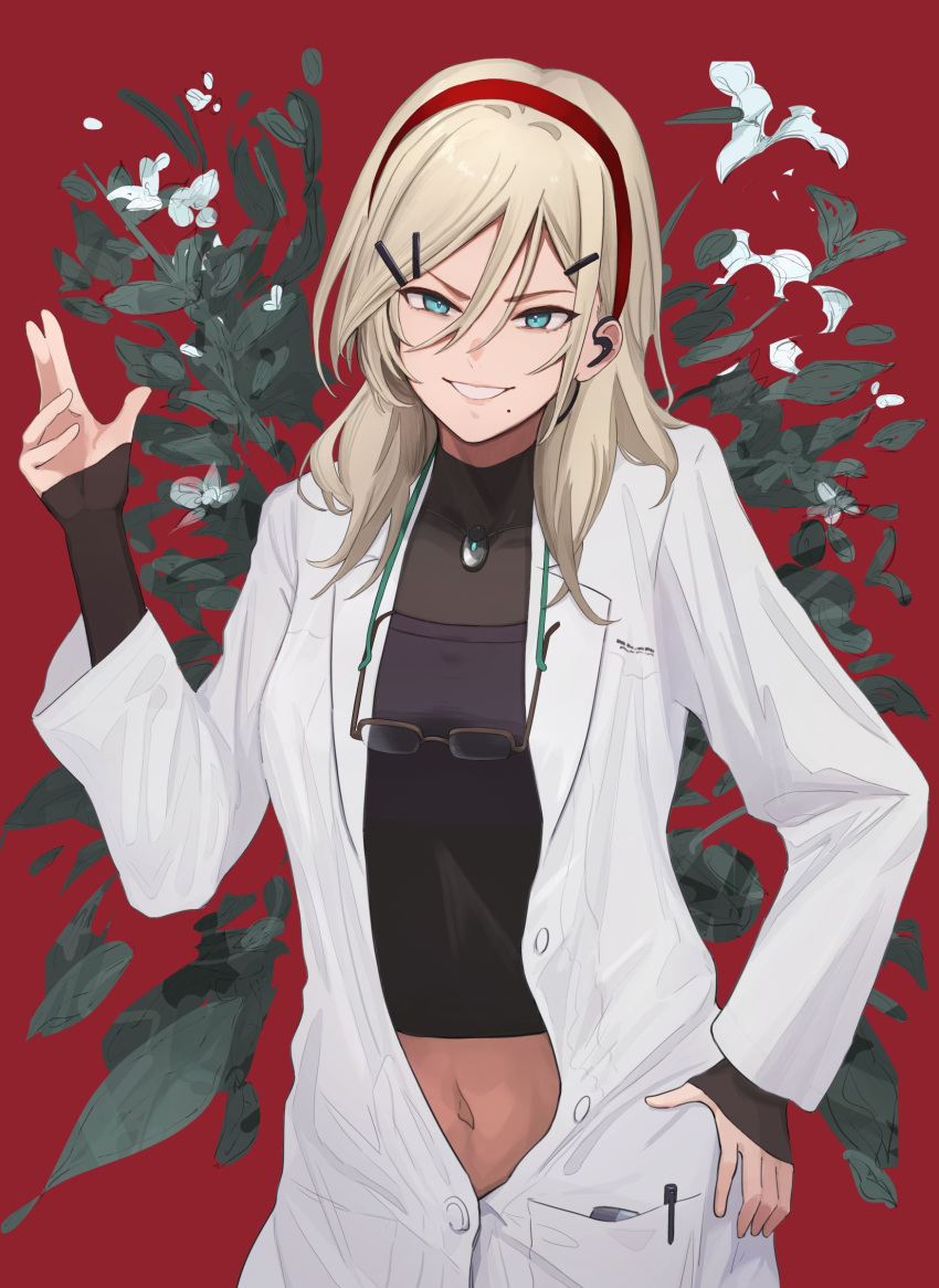1girl absurdres aqua_eyes blonde_hair earpiece girls_frontline glasses hair_ornament hairband hairpin hand_on_own_hip highres lab_coat long_hair looking_at_viewer mole mole_under_mouth navel parted_lips red_background shaw_(girls'_frontline) solo upper_body yotsuyama_(yomo8ama)