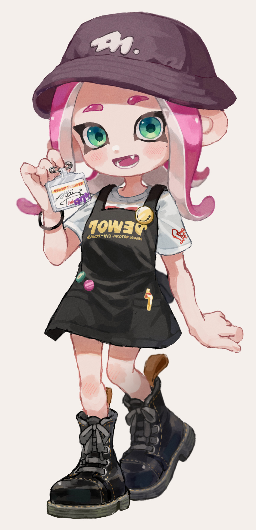 1girl absurdres apron black_apron black_footwear black_headwear bracelet card commentary_request cross-laced_footwear fang full_body green_eyes hat highres holding holding_card jewelry medium_hair myon_rio octoling octoling_girl open_mouth pink_hair shirt shoes simple_background smile solo splatoon_(series) splatoon_2 standing teeth tentacle_hair white_background white_shirt