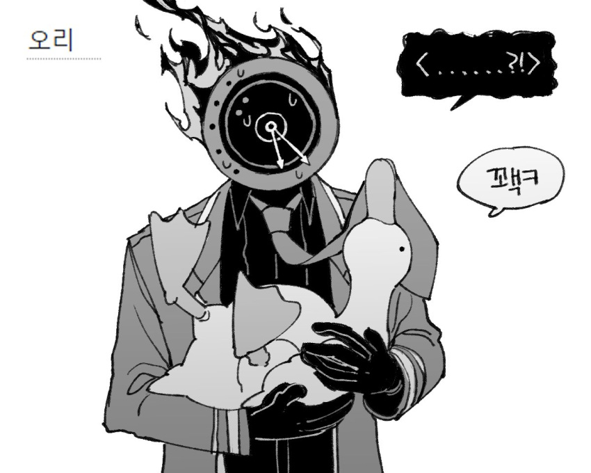 1other animal bird clock collared_shirt dante_(limbus_company) duck facing_viewer fire gloves greyscale holding holding_animal limbus_company long_sleeves maskv monochrome necktie object_head project_moon shirt simple_background solo speech_bubble sweat translation_request upper_body