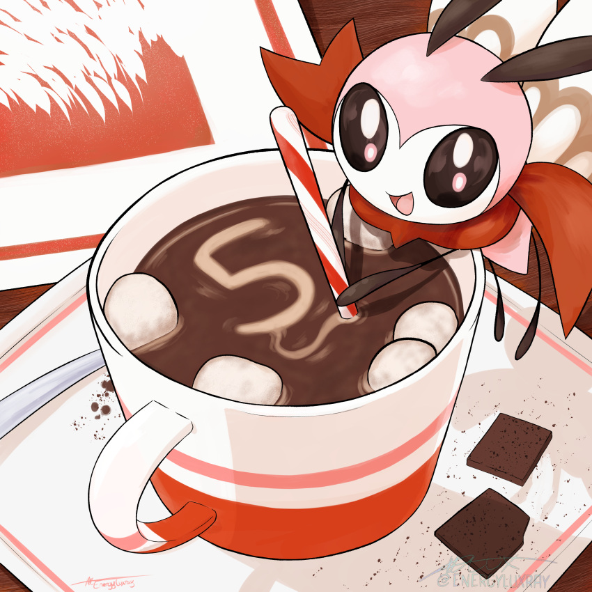 absurdres alternate_color candy candy_cane cup energylux food highres holding holding_candy holding_candy_cane holding_food hot_chocolate looking_at_viewer marshmallow no_humans open_mouth pokemon pokemon_(creature) ribombee shiny_pokemon solo