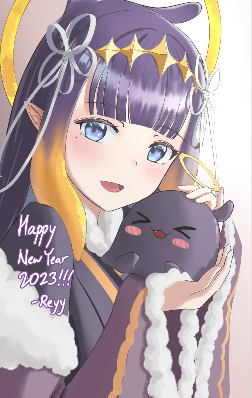 1girl 2023 absurdres blue_eyes blunt_bangs blush closed_eyes diamond_hairband english_commentary english_text gradient_hair halo happy_new_year highres holding hololive hololive_english japanese_clothes kimono long_hair looking_at_viewer mole mole_under_eye multicolored_hair ninomae_ina'nis octopus open_mouth orange_hair pointy_ears purple_hair reylan520 sidelocks simple_background smile takodachi_(ninomae_ina'nis) tentacle_hair upper_body virtual_youtuber