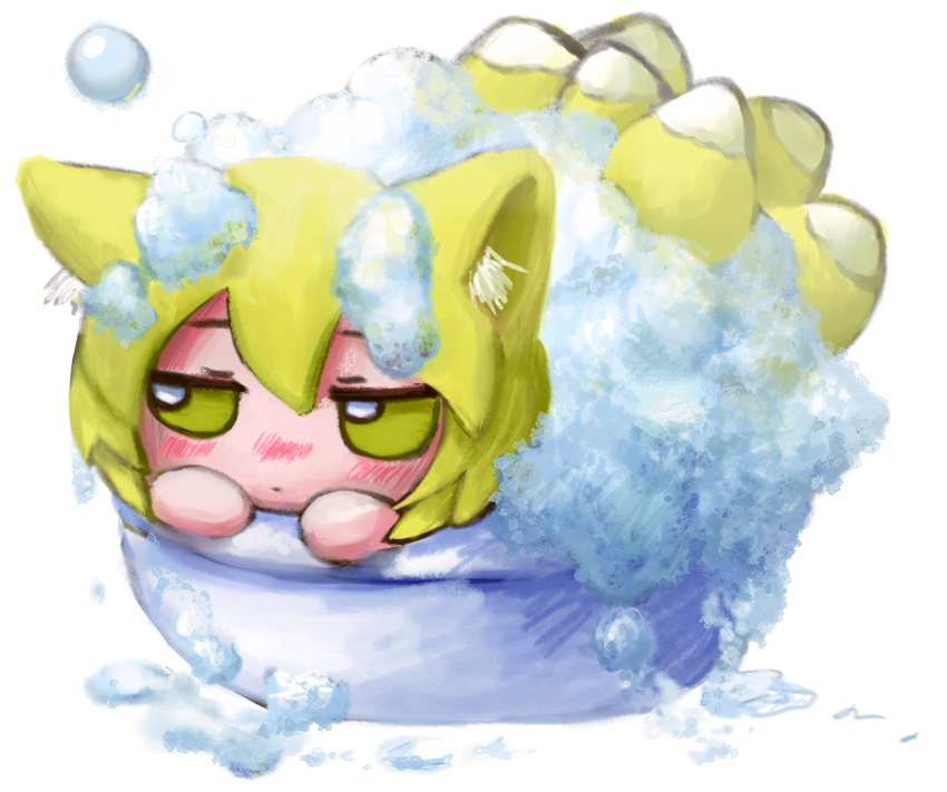 1girl absurdres animal_ear_fluff animal_ears bathing blonde_hair blush chibi closed_mouth fox_ears fox_tail fumo_(doll) highres in_container jitome multiple_tails revealing_clothes short_hair simple_background soap_bubbles solo tail touhou white_background yakumo_ran yakumora_n yellow_eyes