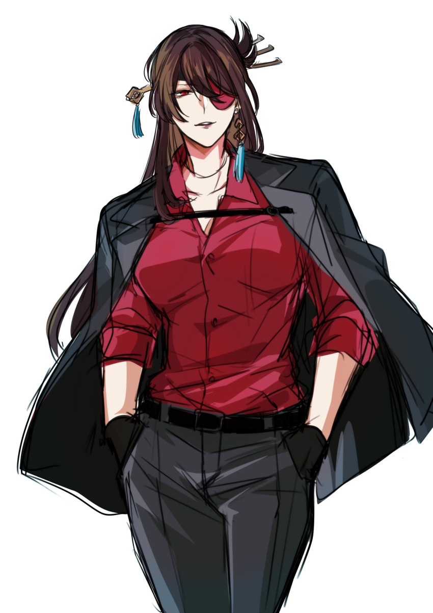alternate_costume beidou_(genshin_impact) black_gloves breasts brown_hair colored_eyepatch cowboy_shot dress_shirt eyepatch genshin_impact gloves grey_jacket grey_pants hair_ornament hair_over_one_eye hair_stick hairpin hands_in_pockets highres jacket large_breasts one_eye_covered open_collar pants red_eyes red_shirt rio_inukai shirt solo tassel tassel_hair_ornament white_background