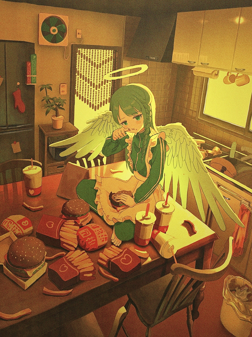 1girl absurdres angel angel_wings apron barefoot bead_curtain braid burger cabinet chair cup disposable_cup double_vertical_stripe eating electric_fan fast_food feathered_wings film_grain food french_fries green_eyes green_hair green_jacket green_pants green_track_suit halo hand_on_own_face hand_up highres holding holding_food indian_style indoors jacket jersey_maid kagenoyuhi kitchen kitchen_hood long_hair long_sleeves looking_at_viewer maid maid_apron on_table original pants parted_lips plant potted_plant side_braid single_braid sitting solo spread_wings table too_much_food unconventional_maid waist_apron white_apron white_wings window wings zipper