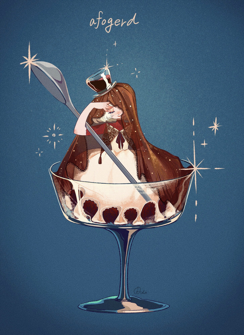 1girl affogato aida_mogmog513 blue_background bow bowtie brown_veil closed_eyes closed_mouth coffee cream cup dress drinking_glass facing_viewer food hand_up hat highres ice_cream in_container in_cup original oversized_object personification petticoat pinafore_dress red_bow red_bowtie red_shirt red_sweater see-through shirt short_hair short_sleeves sitting sleeveless sleeveless_dress smile solo sparkle spoon sweater top_hat twitter_username veil_lift white_dress white_hair