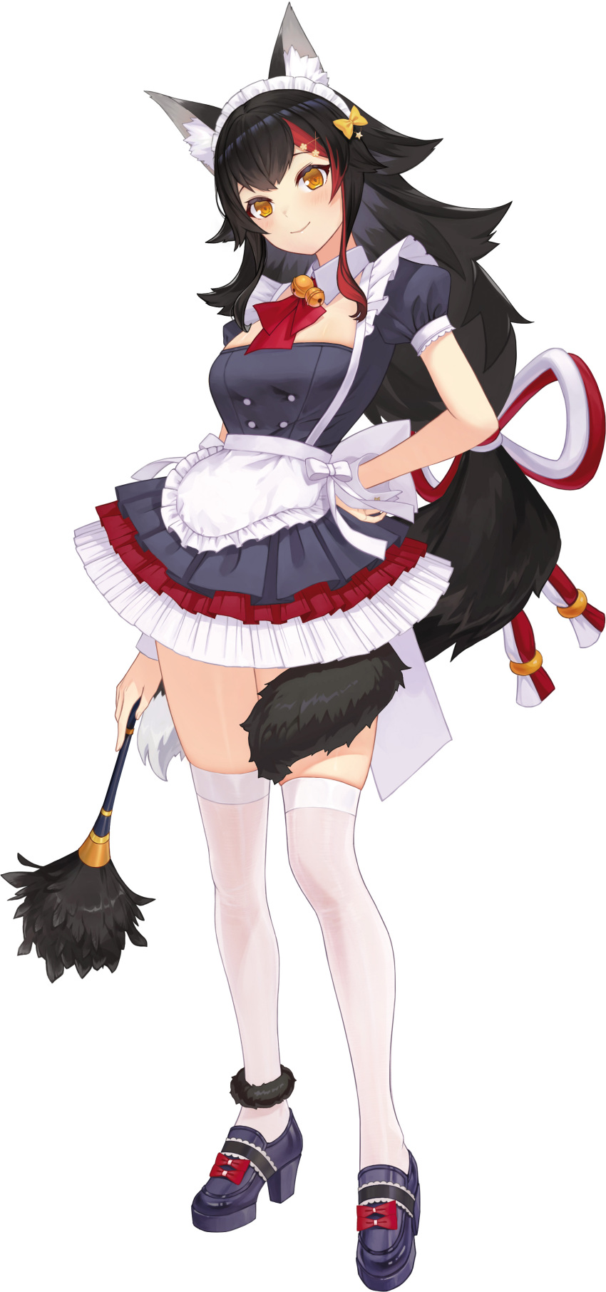 1girl absurdres alternate_costume animal_ear_fluff animal_ears apron black_dress black_hair breasts dress duster frilled_apron frills hair_ornament hairclip hand_on_own_hip highres hololive how_u looking_at_viewer maid maid_apron maid_headdress multicolored_hair ookami_mio platform_footwear platform_heels puffy_short_sleeves puffy_sleeves redhead ribbon short_sleeves smile solo streaked_hair tail tail_around_own_leg tail_wrap thigh-highs thighs unconventional_maid virtual_youtuber waist_apron white_apron wolf_ears wolf_girl wolf_tail wrist_cuffs yellow_eyes yellow_ribbon