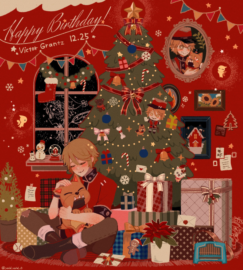 1boy animal_hug artist_name baseball bell blonde_hair bone boots box brown_footwear brown_pants candy candy_cane christmas_ornaments christmas_stocking christmas_tree closed_eyes closed_mouth dog food gift gift_box gingerbread_man happy_birthday highres identity_v indian_style indoors jingle_(identity_v) jingle_bell male_focus note pants paper pennant plant potted_plant red_shirt rug shirt sitting smile snowflakes snowman solo star_(symbol) stitched_mouth stitches string_of_flags taped_note tendenbarabara twitter_username victor_grantz victor_grantz_(autumn_reverie) victor_grantz_(christmas_messenger) wick_(identity_v) window