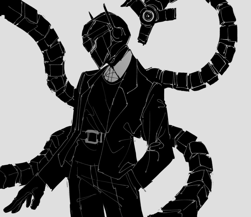 1boy android bono_(project_moon) coat collared_shirt cowboy_shot greyscale helmet highres library_of_ruina long_sleeves looking_to_the_side maskv mechanical_tentacles monochrome pants project_moon shirt shoes simple_background solo standing sweater
