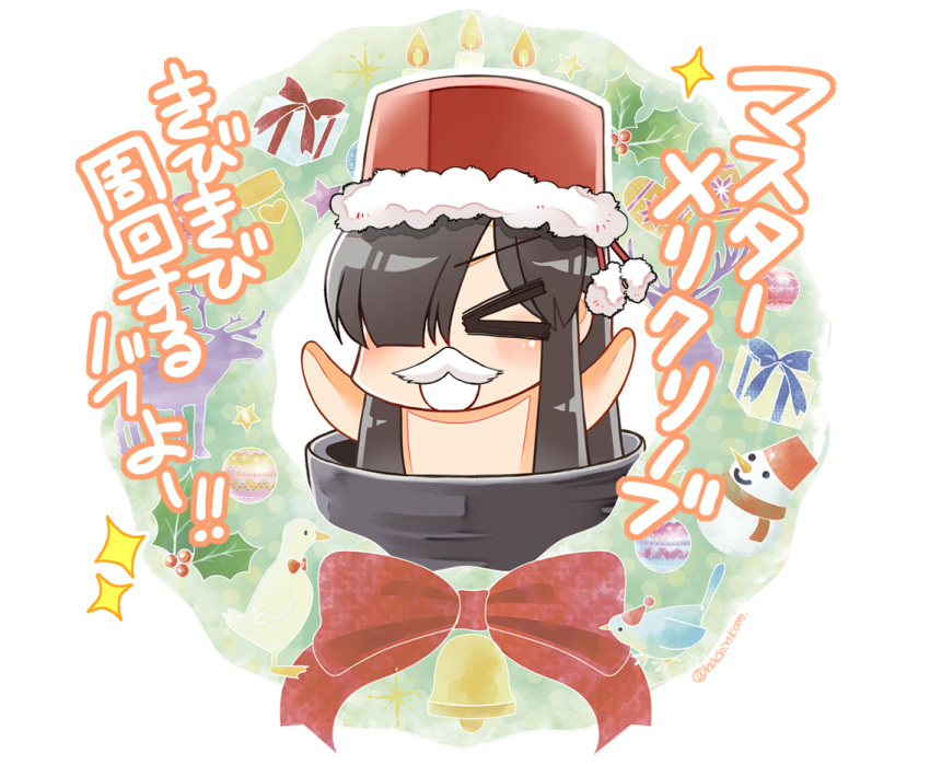 1girl bell bird bow candle christmas_wreath commentary_request cup duck facial_hair fate/grand_order fate_(series) fez_hat gift gloves hachinkom jingle_bell mini_nobu_(fate) mistletoe mustache nude red_bow reindeer simple_background snowman socks sparkle teacup translation_request white_background wreath yellow_gloves