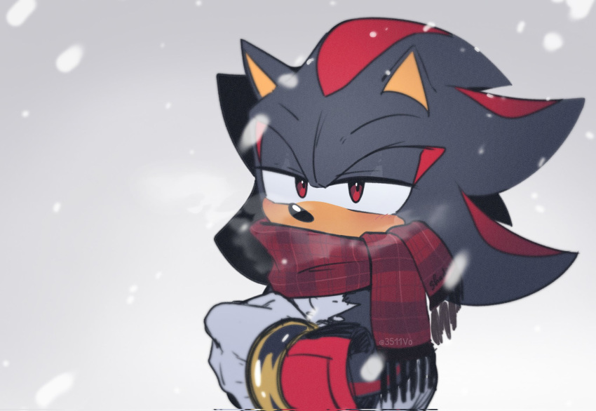1boy anhminh_vo animal_ears animal_nose artist_name black_fur blush body_fur bracelet covered_mouth english_commentary furry furry_male gloves gold_bracelet grey_background half-closed_eyes hedgehog hedgehog_ears highres jewelry looking_at_viewer male_focus plaid plaid_scarf red_eyes red_fur red_scarf scarf shadow_the_hedgehog simple_background snowing solo sonic_(series) standing two-tone_fur white_gloves