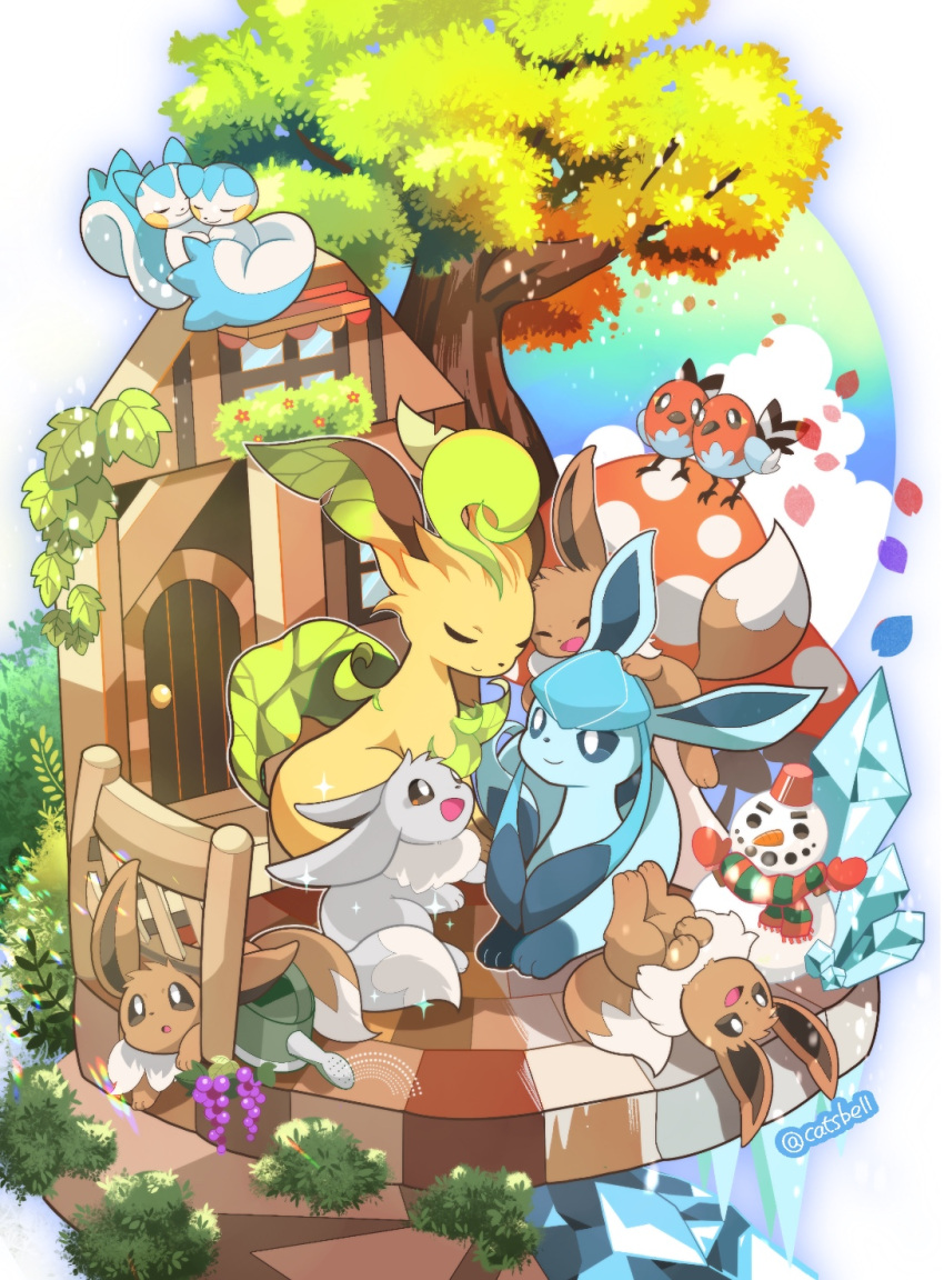alternate_color animal_focus artist_name bird blue_fur brown_eyes brown_fur bush catsbell chair closed_eyes commentary_request eevee fletchling glaceon highres ice leaf leafeon mushroom no_humans pachirisu pokemon pokemon_(creature) prehensile_hair shiny_pokemon sitting snowman squirrel tail tree twitter_username watering_can white_background wooden_door