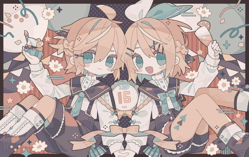 1boy 1girl ahoge black_footwear black_sailor_collar black_shorts blonde_hair border bow closed_mouth commentary_request confetti cup cupcake flower food fruit full_body green_bow green_eyes green_necktie hair_bow highres holding holding_cup holding_food holding_hands kagamine_len kagamine_rin lemon lemon_slice long_sleeves looking_at_viewer multicolored_background necktie open_mouth rororoyu sailor_collar shirt shorts smile socks string_of_flags suspenders vocaloid white_flower white_shirt white_socks