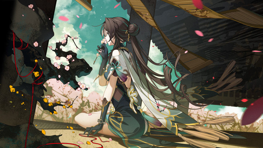 1girl absurdres back_cutout bead_necklace beads branch brown_hair cape cherry_blossoms chinese_clothes closed_mouth clothing_cutout commentary dress falling_petals flower flower_to_mouth from_side full_body gloves green_dress green_eyes green_gloves green_hair green_sky hair_bun hand_up highres holding holding_flower honkai:_star_rail honkai_(series) jewelry long_hair multicolored_hair necklace petals ruan_mei_(honkai:_star_rail) shoulder_cutout sitting solo streaked_hair symbol-only_commentary tassel tatatsu tree very_long_hair white_cape