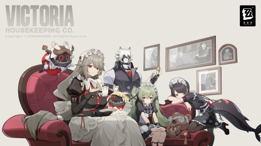 1boy 3girls absurdres alexandrina_sebastiane animal_ears black_dress bow bowtie breasts corin_wickes couch dress ellen_joe eyepatch fins fish_tail furry furry_male gloves hair_between_eyes highres indoors juliet_sleeves long_hair long_sleeves looking_at_viewer maid maid_headdress multiple_girls official_art on_couch one_eye_covered partially_fingerless_gloves puffy_sleeves red_eyes shark_girl shark_tail shirt short_hair sitting smile stuffed_animal stuffed_toy tail teddy_bear very_long_hair vest von_lycaon white_bow white_bowtie white_fur white_hair wolf_boy wolf_ears zenless_zone_zero