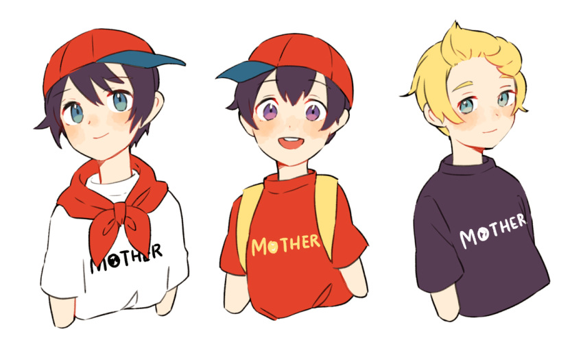 3boys backpack bag black_shirt blonde_hair blush closed_mouth clothes_writing copyright_name cropped_torso lucas_(mother_3) male_focus mother_(game) mother_1 mother_2 mother_3 multiple_boys neckerchief ness_(mother_2) ninten open_mouth red_headwear red_neckerchief red_shirt shifumame shirt short_hair sideways_hat smile t-shirt teeth upper_teeth_only violet_eyes white_background white_shirt
