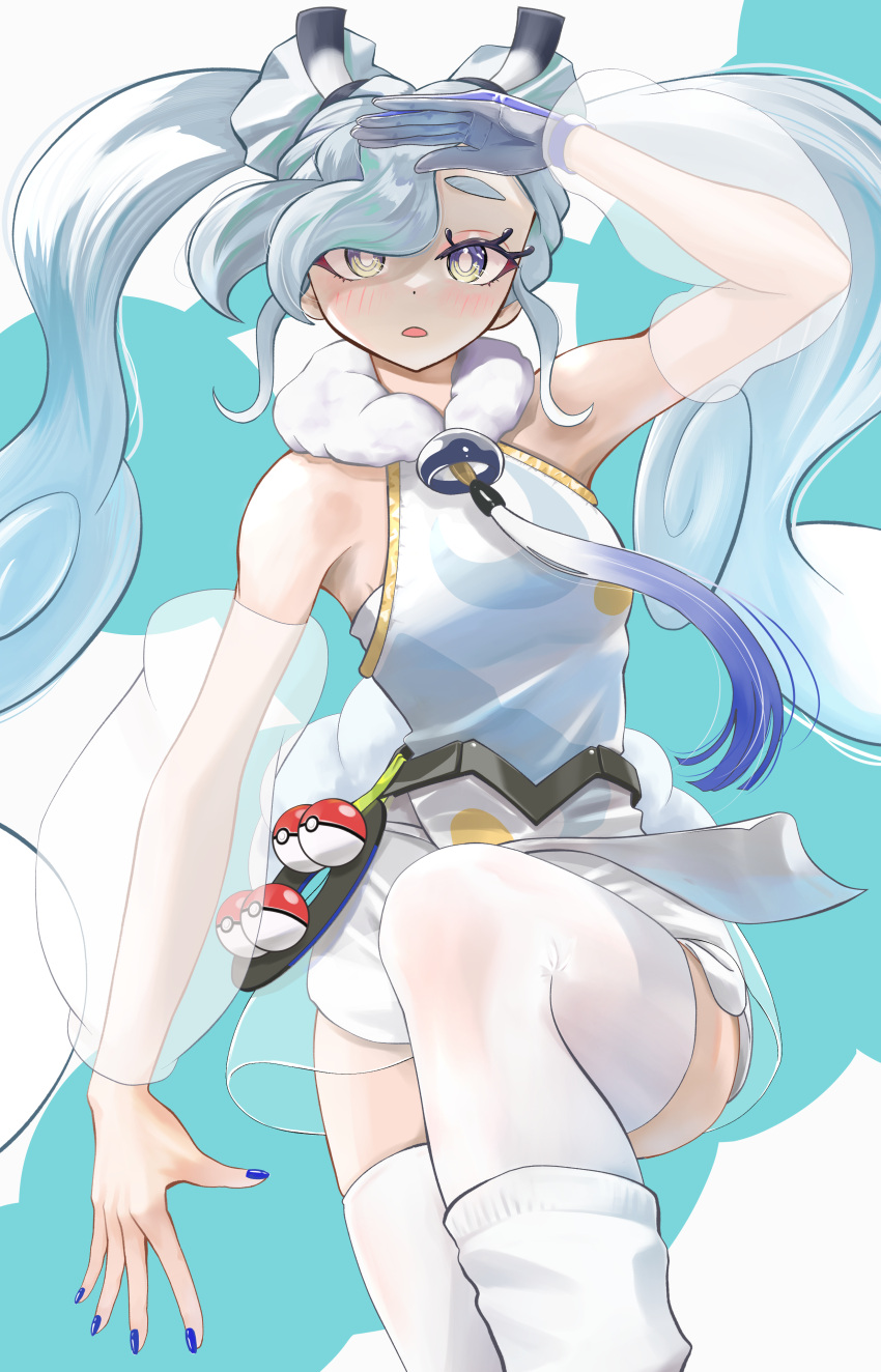 1girl absurdres bare_shoulders blue_background blue_hair blue_nails detached_sleeves flying_miku_(project_voltage) gloves grey_eyes hatsune_miku highres hxk4_n long_hair looking_at_viewer official_alternate_costume open_mouth poke_ball poke_ball_(basic) pokemon project_voltage see-through see-through_sleeves shirt short_shorts shorts single_glove sleeveless sleeveless_shirt solo thigh-highs twintails vocaloid white_gloves white_shorts white_sleeves white_thighhighs