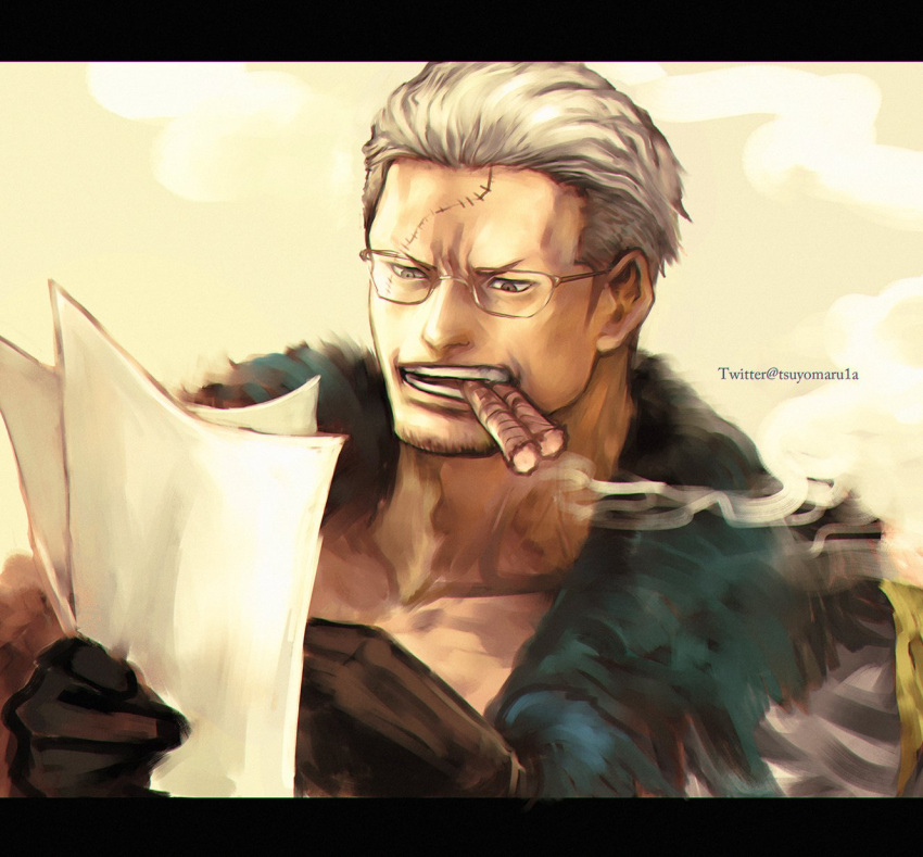 1boy artist_name black_gloves cigar commentary_request facial_hair glasses gloves highres holding holding_paper male_focus mouth_hold one_piece open_mouth paper scar short_hair smoke smoker_(one_piece) solo teeth tsuyomaru twitter_username white_hair