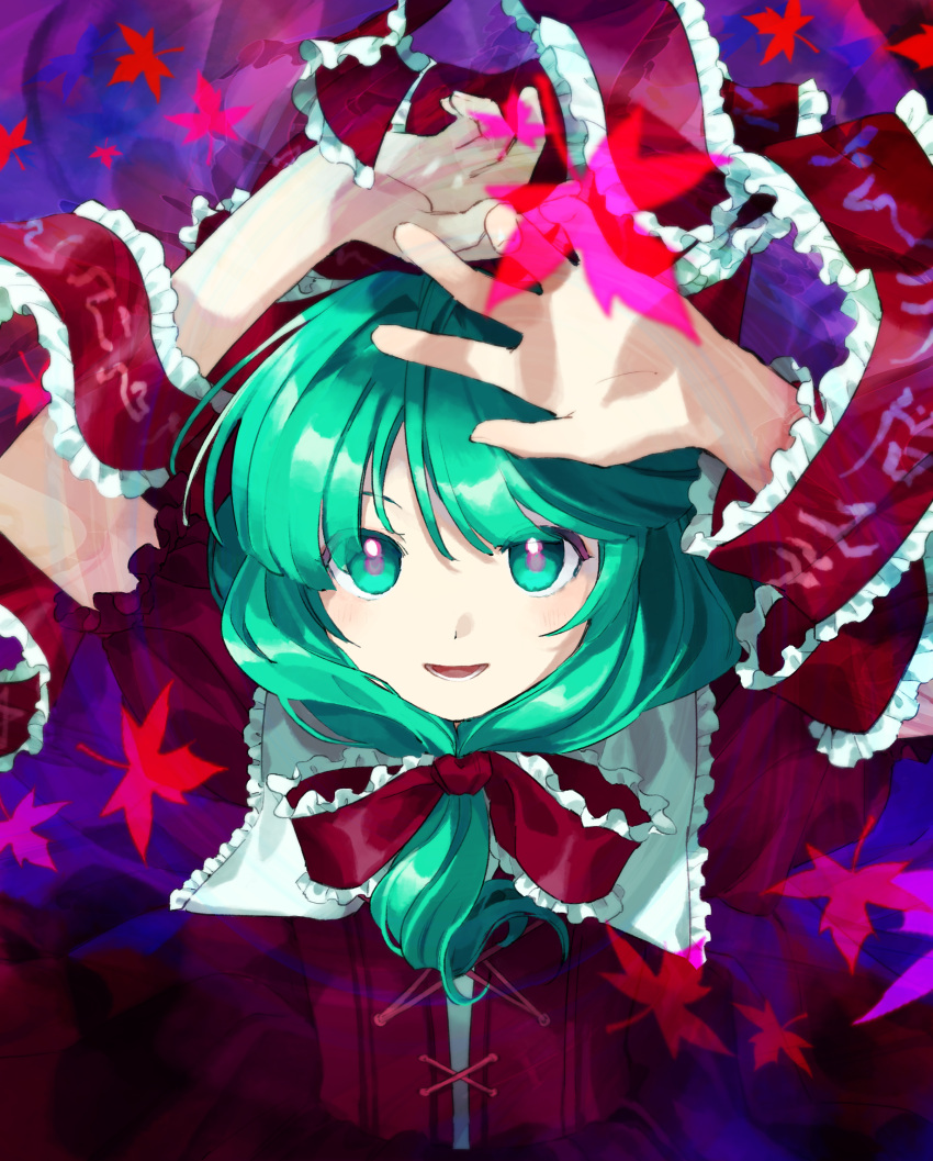 1girl absurdres blush bow commission dress frilled_bow frilled_ribbon frills front_ponytail green_eyes green_hair hair_bow hair_ribbon highres kagiyama_hina kaigen_1025 leaf long_hair looking_at_viewer maple_leaf open_mouth red_bow red_dress red_ribbon ribbon short_sleeves skeb_commission smile solo touhou upper_body