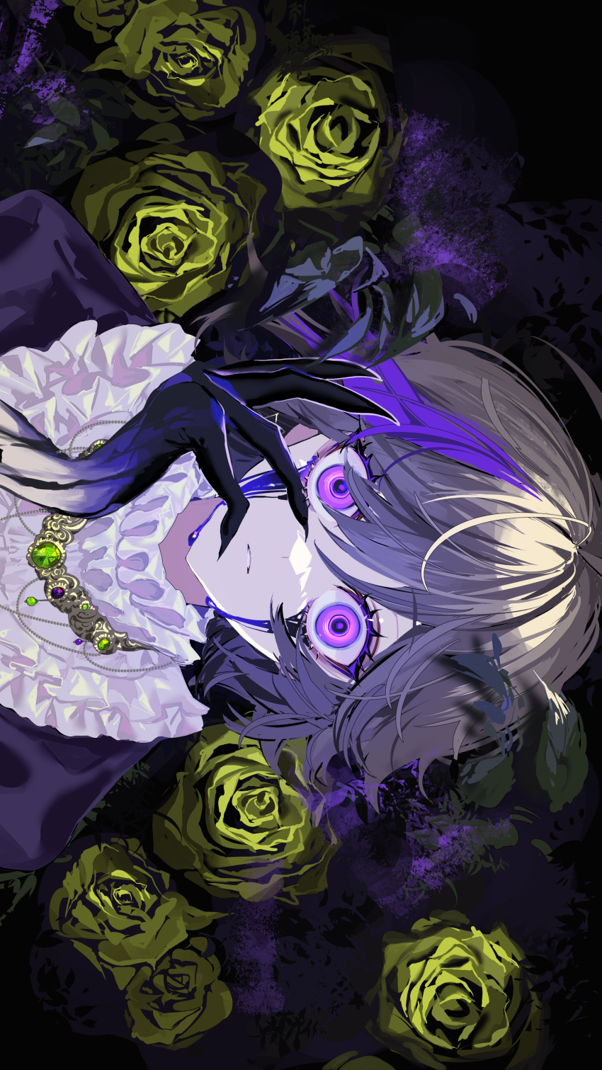 1girl absurdres black_shirt black_skin black_tears brown_hair claws colored_skin flower frilled_shirt frills gradient_skin green_flower green_rose hair_between_eyes hand_on_own_face hand_up highres jewelry looking_at_viewer maronrice multicolored_hair neck_ruff necklace official_art original parted_lips portrait purple_background purple_hair rose shirt short_hair sideways solo straight-on streaked_hair tears violet_eyes wide-eyed