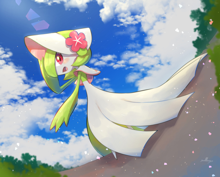 absurdres artist_name blue_sky blush clouds cloudy_sky day flower full_body gardevoir gardevoir_(fashionable) hat hat_flower highres looking_at_viewer nullma official_alternate_costume open_mouth outdoors pink_flower pokemon pokemon_(creature) pokemon_unite signature sky solo white_headwear