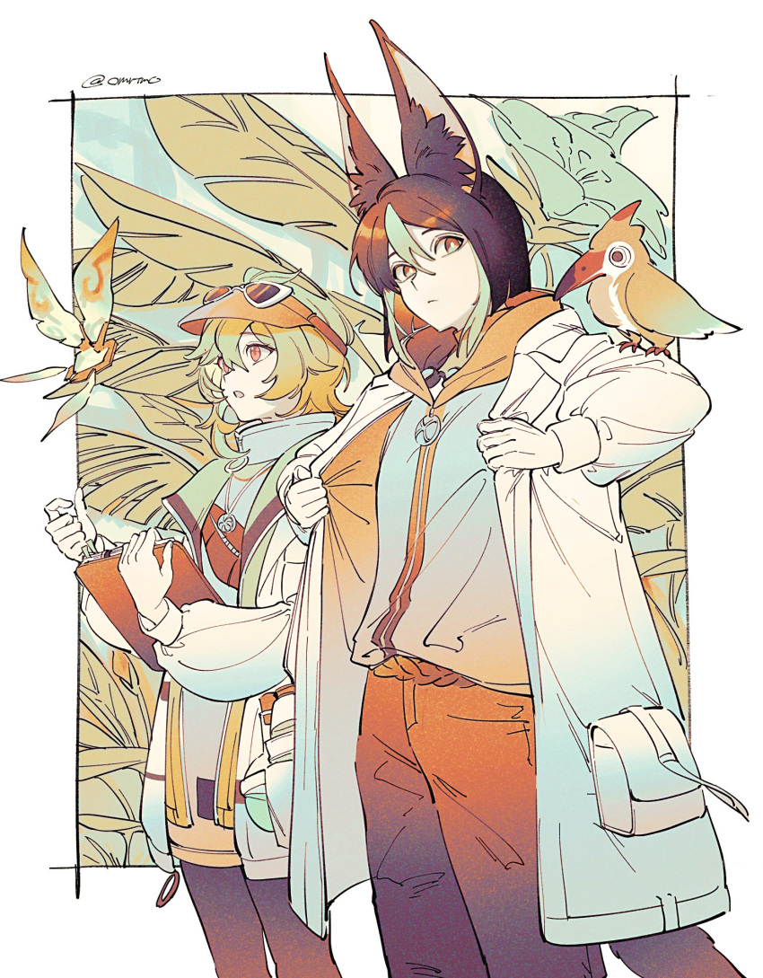 1boy 1girl animal_ear_fluff animal_ears animal_on_shoulder bird bird_on_shoulder clipboard closed_mouth collei_(genshin_impact) collei_(kiehls')_(genshin_impact) crystalfly_(genshin_impact) eyewear_on_head flower fox_boy fox_ears fox_tail genshin_impact hair_between_eyes highres holding holding_clipboard hood hood_down jewelry limited_palette long_sleeves multicolored_hair necklace open_clothes otmmro pants pantyhose parted_lips plant sunglasses tail tighnari_(genshin_impact) tighnari_(kiehls')_(genshin_impact) twitter_username visor_cap