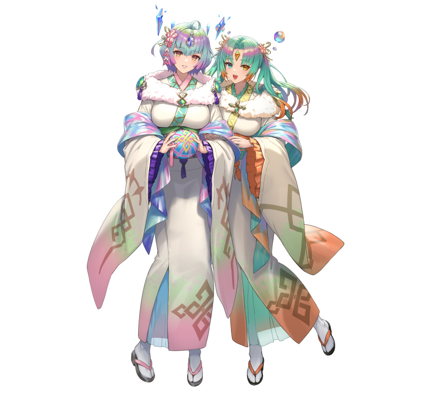 2girls absurdres ahoge aqua_eyes ball breasts bubble crystal cuboon fire_emblem fire_emblem_heroes forehead_jewel full_body heidr_(fire_emblem) heidr_(new_year)_(fire_emblem) highres holding holding_ball japanese_clothes jewelry kimono large_breasts multicolored_hair multiple_girls obi official_alternate_costume official_art open_mouth parted_lips purple_hair sandals sash seidr_(fire_emblem) seidr_(new_year)_(fire_emblem) short_hair smile tabi teeth white_background yellow_eyes