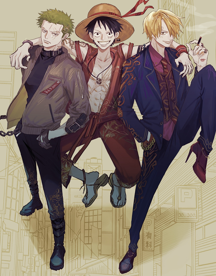 3boys abs black_footwear black_hair black_pants blonde_hair boots closed_mouth commentary_request curly_eyebrows earrings full_body green_hair grin hand_in_pocket hat highres jacket jewelry leg_up lipstick_mark long_sleeves looking_at_viewer male_focus monkey_d._luffy multiple_boys nsgw one_piece pants red_pants ring roronoa_zoro sandals sanji_(one_piece) shirt short_hair smile smoke straw_hat toned toned_male vest