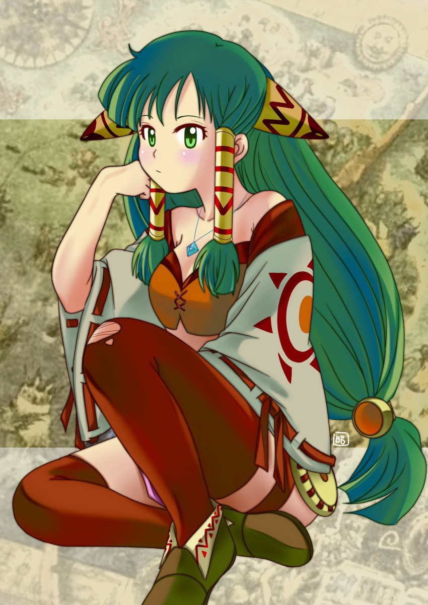 1girl bare_shoulders breasts closed_mouth collarbone feena_(grandia) full_body grandia grandia_i green_eyes green_hair hair_ornament hair_tubes highres jewelry long_hair looking_at_viewer low-tied_long_hair map midriff necklace okobore_de_shou skirt solo thigh-highs wide_sleeves