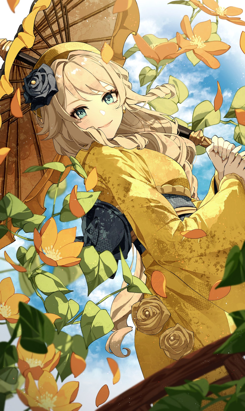 1girl alternate_costume black_flower black_rose blonde_hair blue_eyes blurry cha_hanare closed_mouth depth_of_field drill_hair drill_sidelocks earrings falling_petals flower from_below from_side genshin_impact gold_earrings hair_flower hair_ornament hat highres holding holding_umbrella japanese_clothes jewelry kimono leaf light_blush lipgloss long_sleeves looking_at_viewer navia_(genshin_impact) obi obiage obijime orange_flower orange_petals petals print_kimono rose sash sidelocks smile solo sparkling_eyes umbrella wide_sleeves wind yellow_flower yellow_headwear yellow_kimono yellow_rose yellow_umbrella