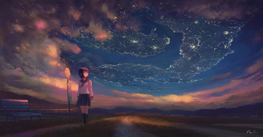 1girl artist_name brown_hair bus_stop city_lights clouds cloudy_sky commentary_request evening feel_(nasitaki) highres looking_up original outdoors pleated_skirt revision road road_sign scenery school_uniform serafuku short_hair sign signature skirt sky solo