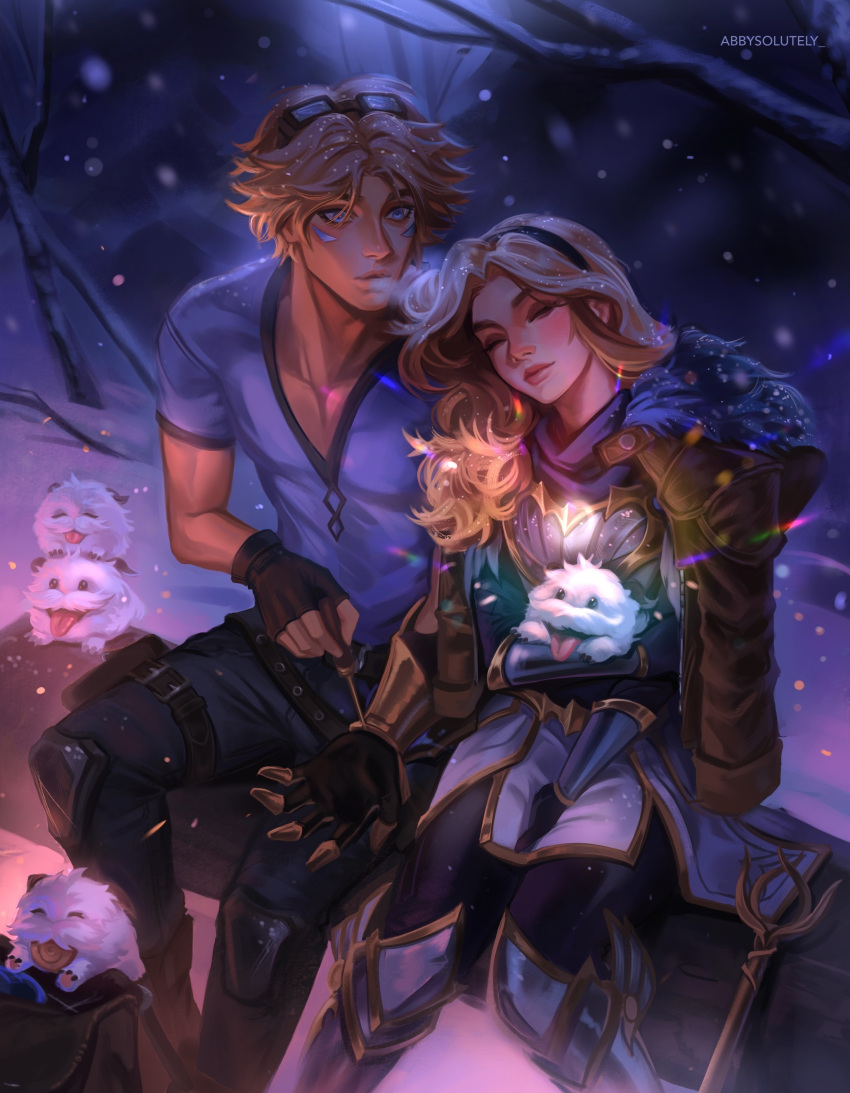 1boy 1girl abby_(abbysolutely) absurdres animal armor artist_name bag black_hairband black_pants blonde_hair breastplate brown_gloves ezreal fingerless_gloves gloves hairband head_on_another's_shoulder highres holding holding_animal hug league_of_legends looking_at_another lux_(league_of_legends) pants poro_(league_of_legends) short_hair sitting snow snowing staff tree winter