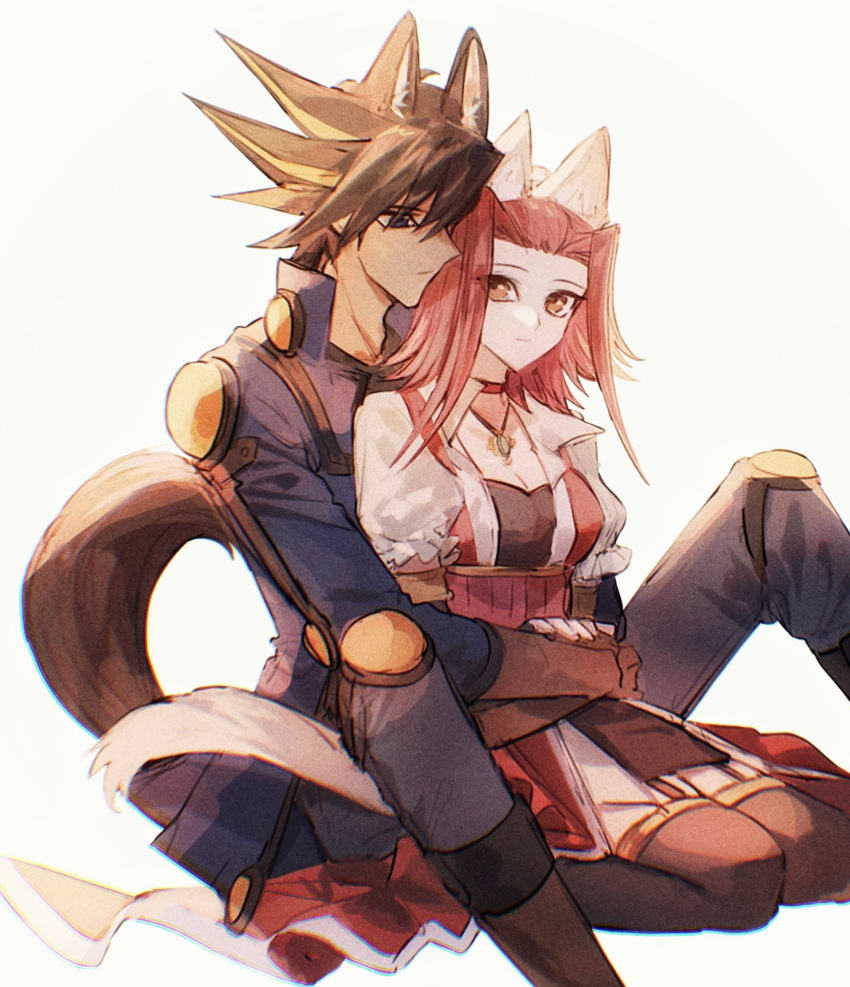 1boy 1girl animal_ears between_legs black_fur black_gloves black_hair black_shirt black_thighhighs blue_eyes blue_jacket blue_pants boots brown_footwear brown_gloves cat_ears cat_girl cat_tail choker corset dog_boy dog_ears dog_tail dress elbow_gloves elbow_pads fingerless_gloves fudou_yuusei garter_straps gem gloves green_gemstone hands_on_another's_waist high_collar highres holding_hands hug hug_from_behind izayoi_aki jacket jewelry knee_pads kneeling looking_to_the_side medium_hair multicolored_hair naoki_(2rzmcaizerails6) necklace pants parted_bangs pendant puffy_short_sleeves puffy_sleeves red_choker red_corset red_dress redhead shirt short_sleeves shoulder_pads simple_background sitting spiky_hair streaked_hair tail thigh-highs white_background white_fur wolf_boy wolf_ears wolf_tail yu-gi-oh! yu-gi-oh!_5d's