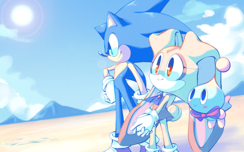 1boy 1girl :&gt; absurdres animal_ears animal_nose arm_at_side blue_eyes blue_fur blue_hair blue_neckerchief blue_sky blush body_fur bow bowtie chao_(sonic) cheese_(sonic) child closed_mouth clouds collared_dress commentary cream_the_rabbit day desert dress dutch_angle english_commentary flat_chest floating from_side full_body furry furry_female furry_male gloves hand_on_own_hip happy highres interlocked_fingers long_hair looking_up mountainous_horizon multicolored_fur nano_(nanolovesyou) neckerchief orange_dress orange_eyes orange_fur outdoors own_hands_together pointy_ears profile rabbit_ears rabbit_girl rabbit_tail red_bow red_bowtie red_footwear shoes short_dress sideways_mouth sky sleeveless sleeveless_dress smile socks sonic_(series) sonic_the_hedgehog spiky_hair standing sun tail traditional_bowtie white_fur white_gloves white_socks yellow_fur