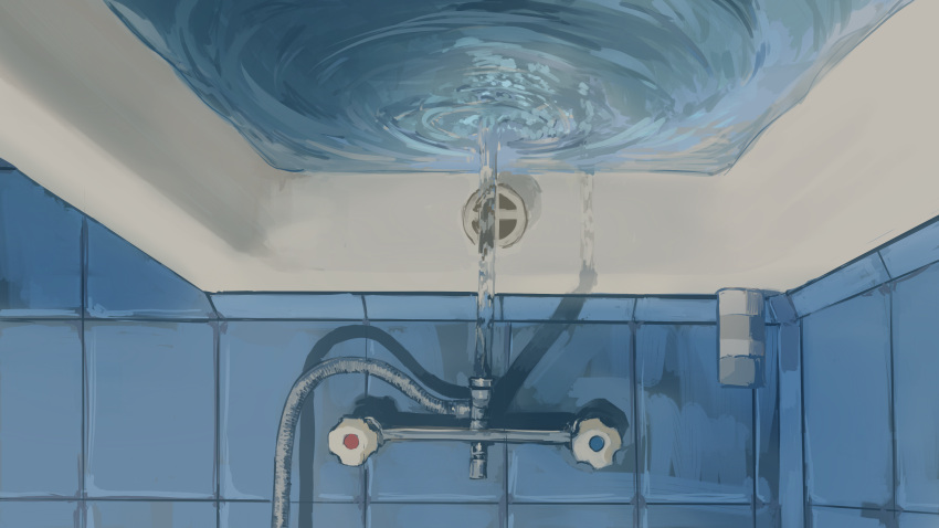 absurdres bathroom bathtub commentary english_commentary faucet highres lychkin no_humans original pov soap_bottle tile_wall tiles upside-down water