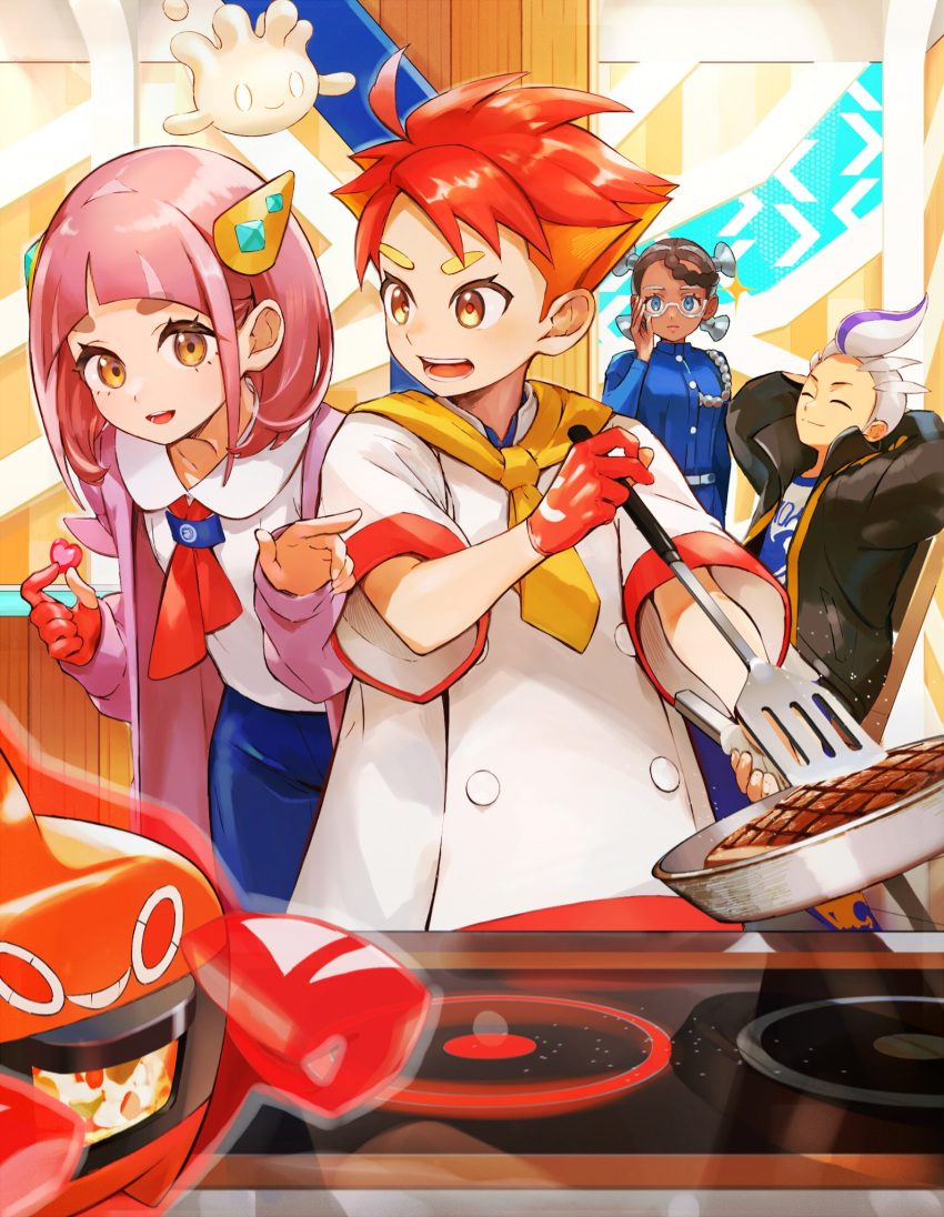 2boys 2girls amarys_(pokemon) arched_bangs black_hair blue_pants blush braid buttons cardigan closed_mouth coat collared_shirt cooking crispin_(pokemon) dark-skinned_female dark_skin drayton_(pokemon) eyelashes frying_pan glasses gloves grill grilling hair_ornament hairclip highres holding holding_frying_pan jacket kitchen lacey_(pokemon) ladle long_sleeves looking_at_viewer mismatched_eyebrows multicolored_hair multiple_boys multiple_girls neckerchief open_clothes open_mouth orange_hair orange_mikan pants pink_hair pokemon pokemon_sv purple_hair quad_tails red_gloves redhead rotom rotom_(heat) school_uniform semi-rimless_eyewear shirt short_hair single_braid single_glove smile stove two-tone_hair white_hair white_shirt yellow_eyes
