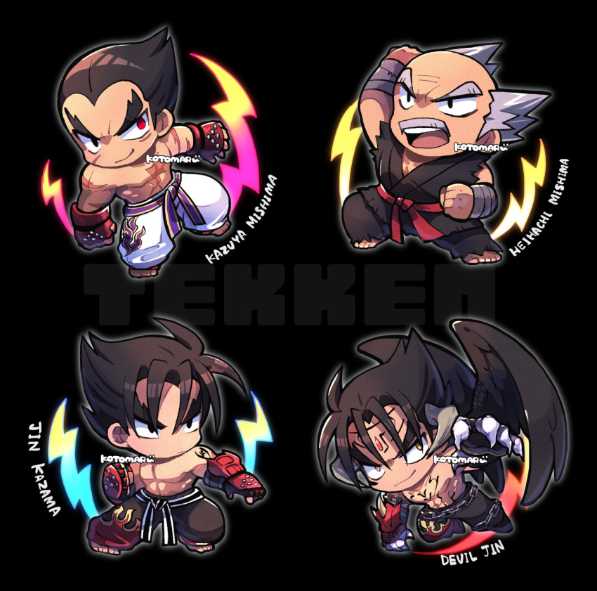 4boys balding belt black_background black_eyes black_pants black_wings chain character_name chest_tattoo copyright_name devil_jin dougi facial_hair facial_mark forehead_jewel gloves grey_hair grey_horns heterochromia horns kazama_jin kotorai mishima_heihachi mishima_kazuya multiple_boys mustache pants pectorals purple_belt red_belt red_eyes red_gloves scar scar_on_arm scar_on_chest studded_gloves tattoo tekken thick_eyebrows topless_male v-shaped_eyebrows white_pants wings