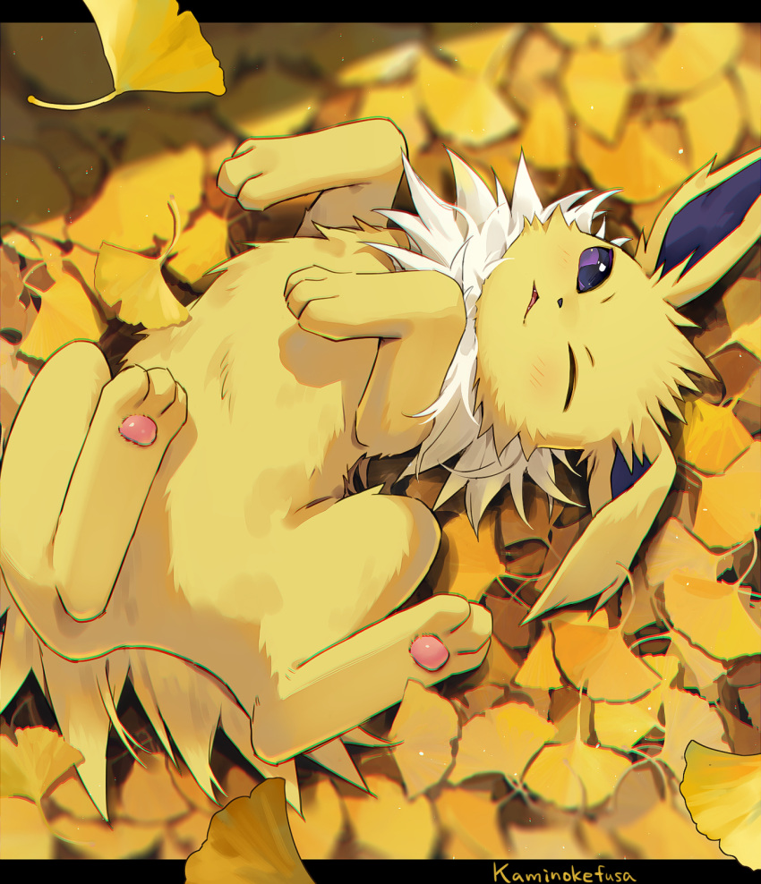 artist_name autumn_leaves falling_leaves highres jolteon kaminokefusa leaf looking_at_viewer lying no_humans on_back one_eye_closed pokemon pokemon_(creature) solo