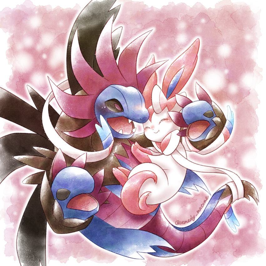 animal_focus artist_name black_sclera closed_eyes colored_sclera commentary_request fangs happy highres hydreigon multiple_heads no_humans open_mouth pink_background pokemon pokemon_(creature) remedy_matome smile sylveon tail twitter_username violet_eyes white_fur