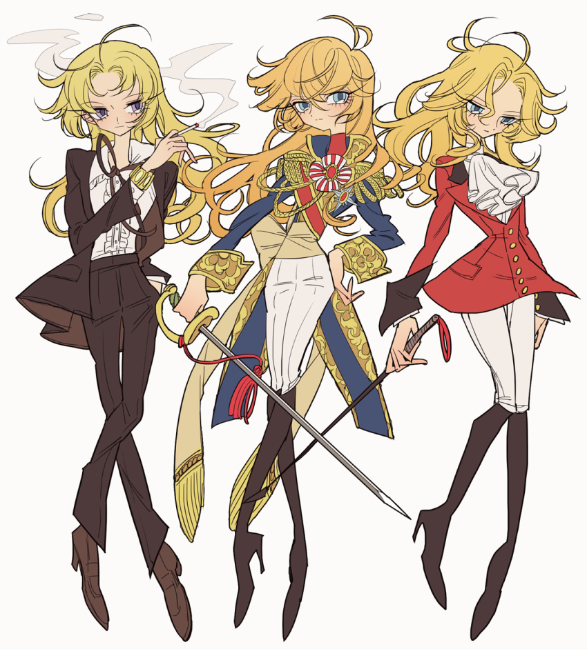 3girls ahoge aiguillette androgynous arms_at_sides asaka_rei ascot black_footwear black_jacket black_pants blonde_hair blue_eyes boots center_frills cigarette closed_mouth crossover epaulettes frills full_body hair_between_eyes hand_on_own_hip hand_up high_heel_boots high_heels highres holding holding_cigarette holding_sword holding_weapon jacket julius_leonherd_von_ahrensmeyer knee_boots long_hair long_sleeves looking_at_viewer meremero multiple_girls oniisama_e... orpheus_no_mado oscar_francois_de_jarjayes pants rapier red_jacket simple_background smile smoke standing suit sword trait_connection uniform versailles_no_bara weapon white_ascot white_background white_pants