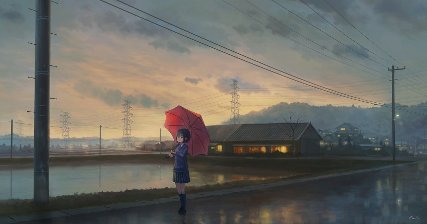 1girl bare_tree blue_socks brown_footwear city clouds cloudy_sky collared_shirt commentary_request feel_(nasitaki) highres holding holding_umbrella house kneehighs long_sleeves necktie original outdoors photoshop_(medium) pleated_skirt power_lines revision scenery school_uniform shirt shoes short_hair signature skirt sky socks solo standing sweater transmission_tower tree umbrella utility_pole very_wide_shot wet_pavement white_shirt