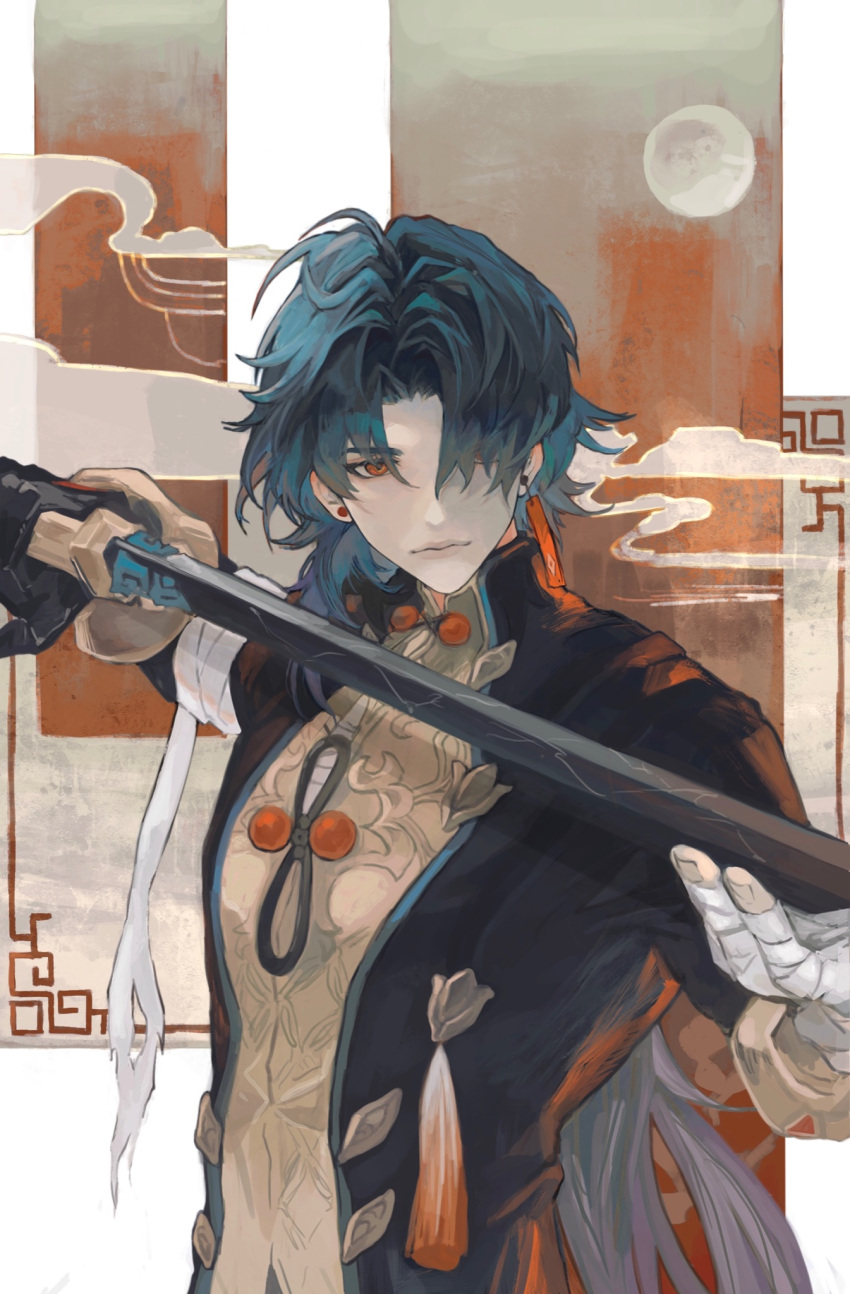 1boy ahoge bandaged_arm bandaged_hand bandages bandages_over_clothes black_gloves black_jacket blade_(honkai:_star_rail) blue_hair button_gap buttons closed_mouth collared_jacket collared_shirt earrings gloves hair_over_one_eye high_collar highres holding holding_sword holding_weapon honkai:_star_rail honkai_(series) jacket jewelry lips long_hair male_focus mandarin_collar mismatched_earrings moon mumu_vosp one_eye_covered open_clothes open_jacket parted_bangs red_eyes shirt smoke solo sword tassel upper_body very_long_hair weapon yellow_shirt