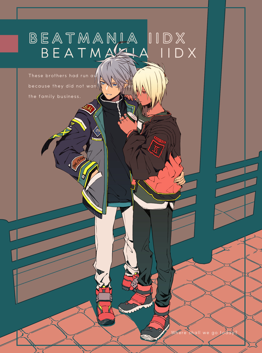2boys beatmania_iidx black_jacket black_pants blonde_hair blue_eyes closed_mouth commentary_request copyright_name cup dark-skinned_male dark_skin disposable_cup english_text ereki_(beatmania) expressionless full_body grey_hair grey_jacket grin hair_between_eyes hand_on_another's_hip high_ponytail highres holding holding_cup jacket long_bangs looking_afar male_focus maoh_(aburaage0528) multicolored_clothes multicolored_jacket multiple_boys open_clothes open_jacket pants patch red_eyes red_footwear shilow shoes short_hair smile sneakers standing tile_floor tiles white_pants