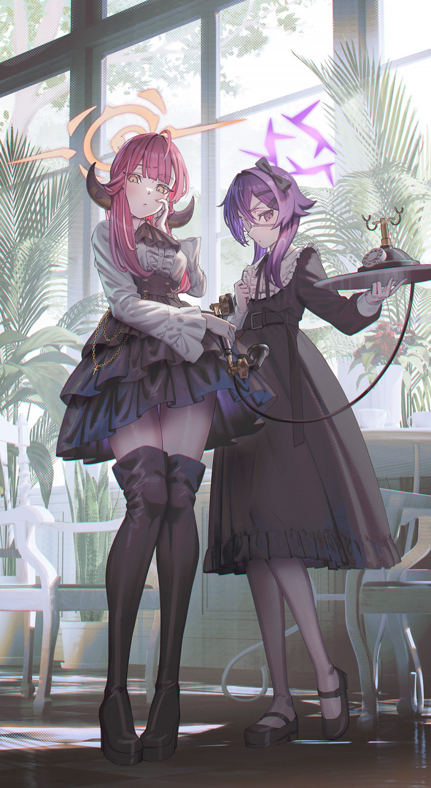 2girls aru_(blue_archive) black_dress black_footwear black_pantyhose black_skirt blue_archive boots breasts brown_horns corded_phone demon_horns dress eyepatch flat_chest full_body gloves halo haruka_(blue_archive) highres hironii_(hirofactory) holding holding_phone holding_tray horns indoors large_breasts long_hair long_sleeves multiple_girls pantyhose phone pink_hair pink_halo plant potted_plant purple_hair purple_halo shirt shoes skirt standing thigh_boots tray violet_eyes white_gloves white_shirt window yellow_eyes