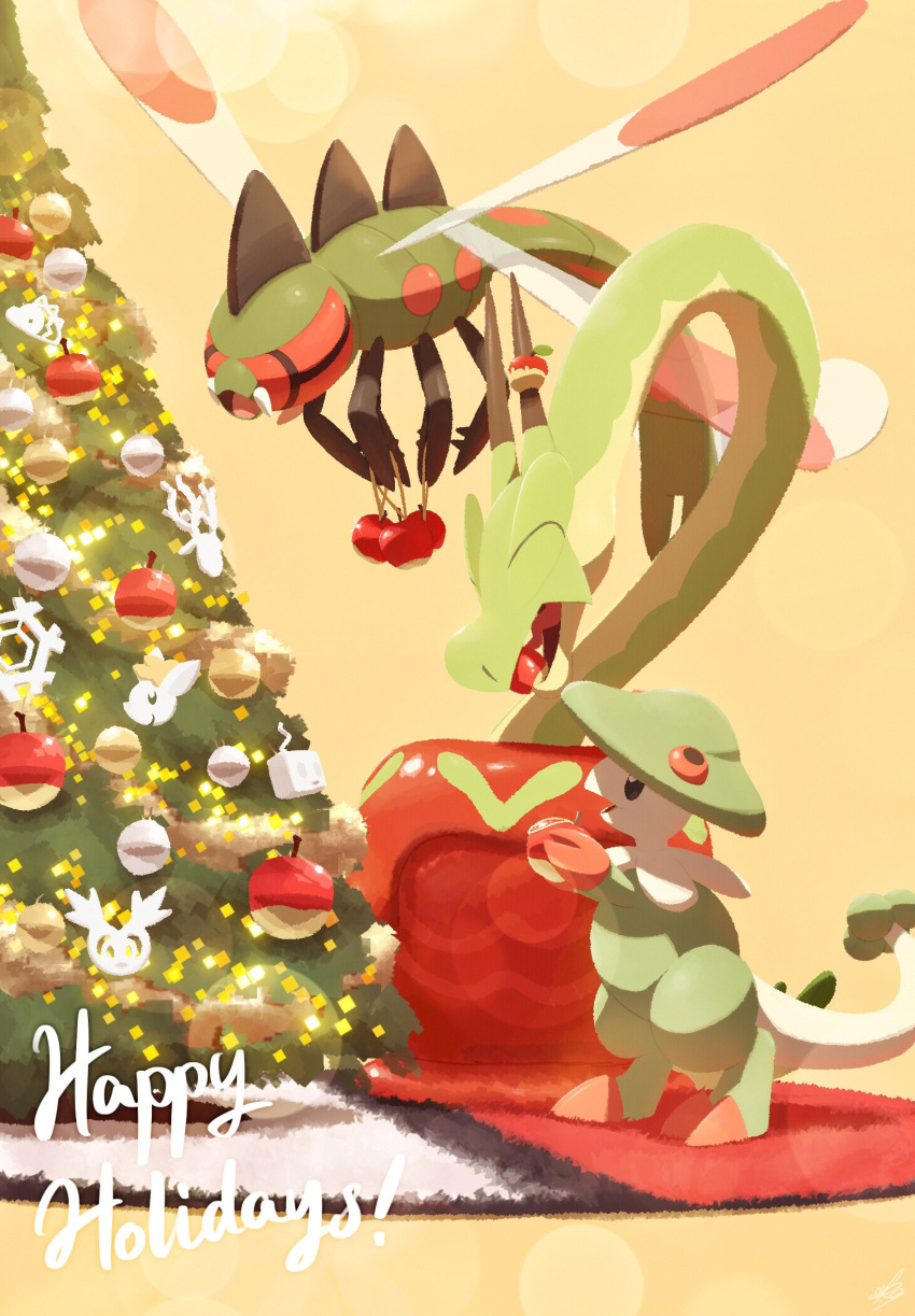 animal_focus apple breloom bug christmas christmas_tree closed_eyes commentary dragonfly ewokakukaede flying food fruit happy_holidays highres hydrapple indoors no_humans open_mouth pokemon pokemon_(creature) red_eyes tail tree wings worm yanmega