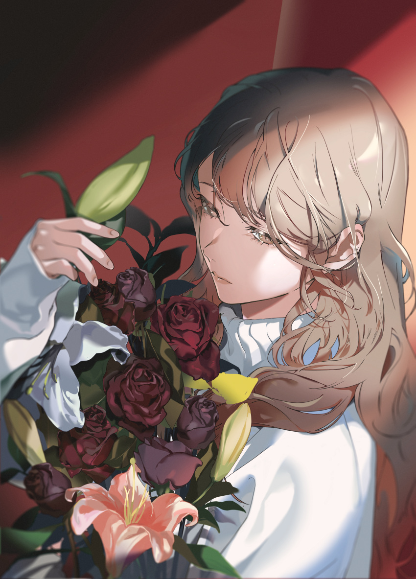 1girl absurdres black_flower black_rose bouquet brown_eyes brown_hair bud closed_mouth expressionless flower gankutsu_hime hair_behind_ear half-closed_eyes hand_up haruno_taku highres holding holding_bouquet leaf lily_(flower) lips long_hair looking_at_flowers looking_down official_art pink_flower red_background red_flower red_rose rose sleeves_past_wrists solo sweater swept_bangs turtleneck turtleneck_sweater upper_body white_flower white_lily white_sweater