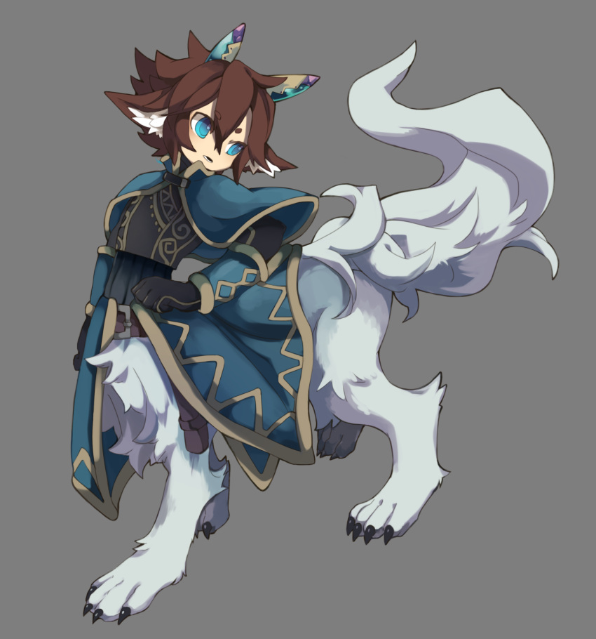 1boy animal_ear_fluff animal_ears belt black_gloves blue_capelet blue_eyes blue_pupils brown_hair capelet centauroid claws collared_capelet full_body gloves grey_background grey_fur hair_between_eyes hand_on_own_hip hand_up high_collar highres inumimi-syndrome looking_to_the_side male_focus monster_boy open_mouth pixiv_fantasia pixiv_fantasia_last_saga ringed_eyes short_eyebrows short_hair simple_background solo tail taur walking wolf_boy wolf_ears wolf_tail
