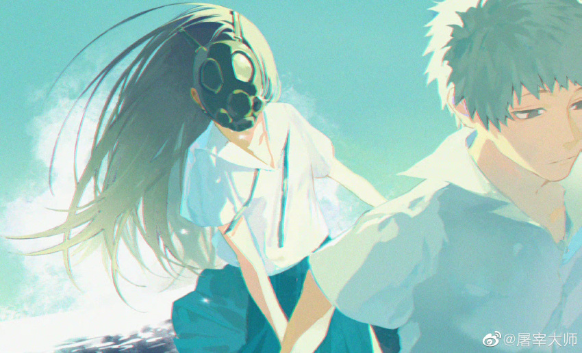 1boy 1girl black_eyes black_hair blue_skirt blue_sky character_request check_character chinese_commentary closed_mouth clouds collared_shirt commentary_request covered_face expressionless film_grain floating_hair following gas_mask grey_hair half-closed_eyes highres hino_seitarou holding_hands kurai_heya long_hair looking_down mask neck_ribbon oshikawa_keiko pleated_skirt ribbon shirt short_hair short_sleeves sidelighting skirt sky tuzaixia undone_neck_ribbon weibo_logo weibo_username